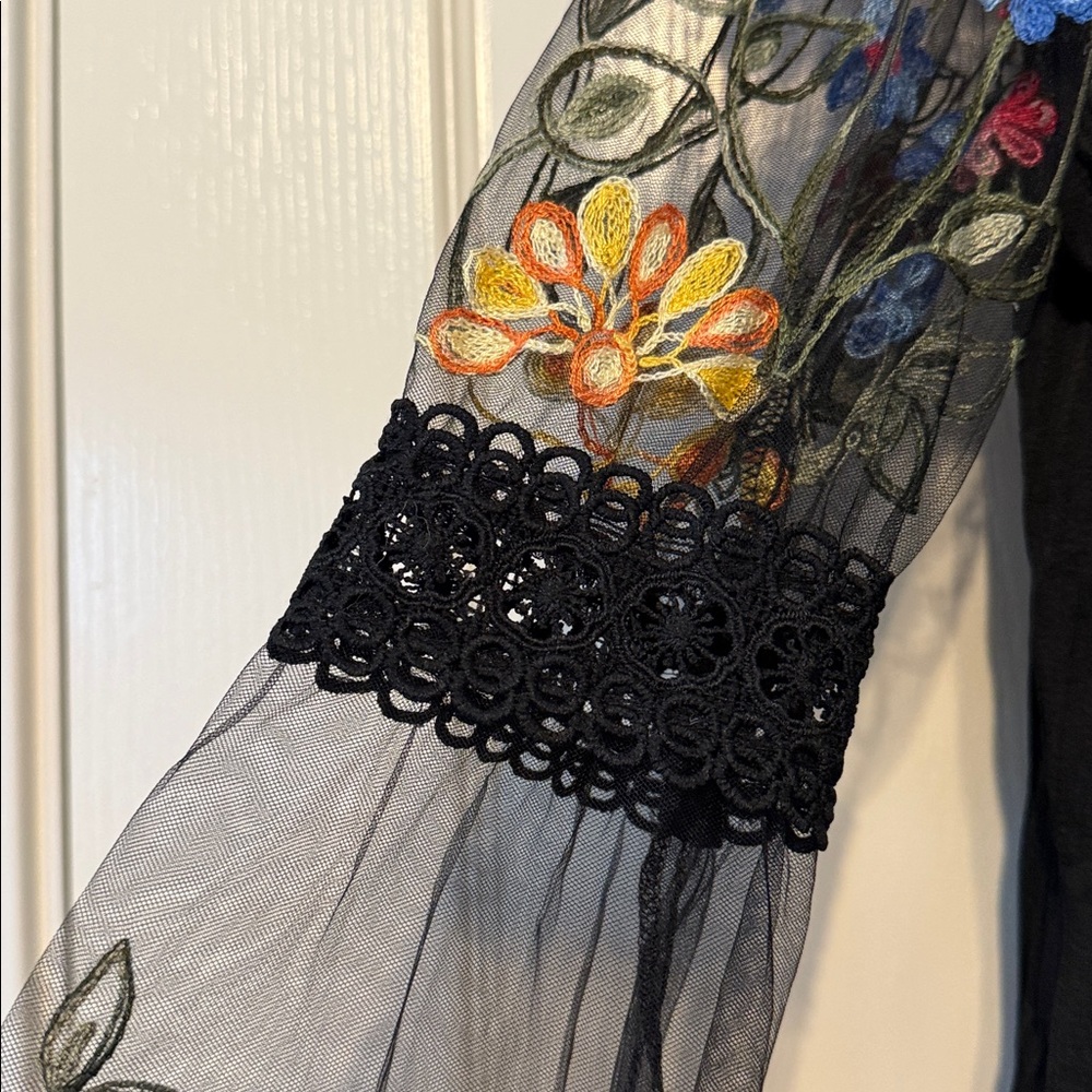 Boho Sheer Mesh Floral Embroidered Button Down Up Shirt Top Blouse Black US 4 - Picture 5 of 13